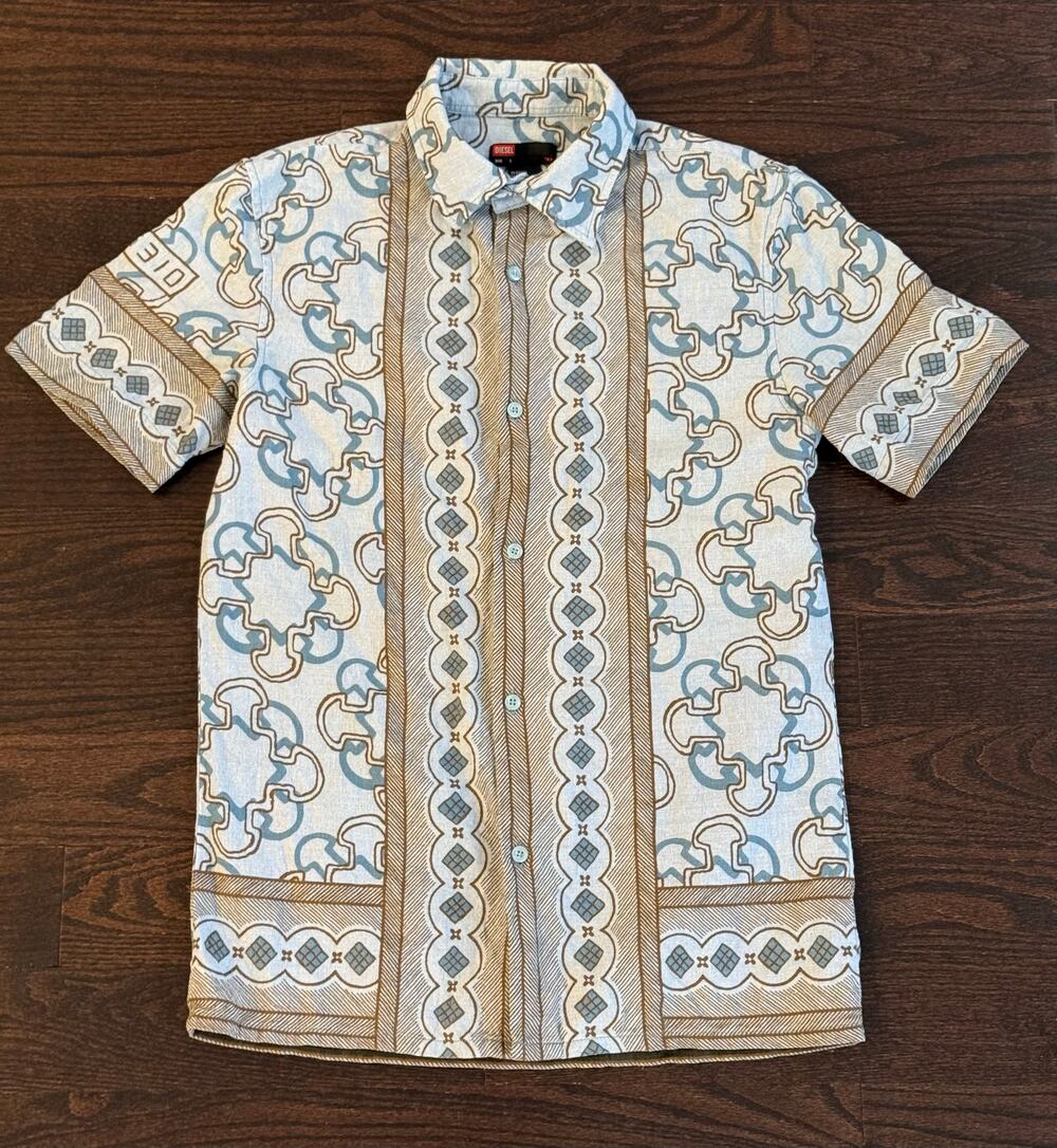 Diesel Geometric Tile Print Short Sleeve Button Up Shirt With Border Trim